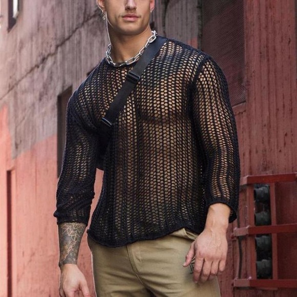 Mens Fishnet Transparent Long Sleeve T Shirt See Through Mesh Tshirt - Picture 2 of 3